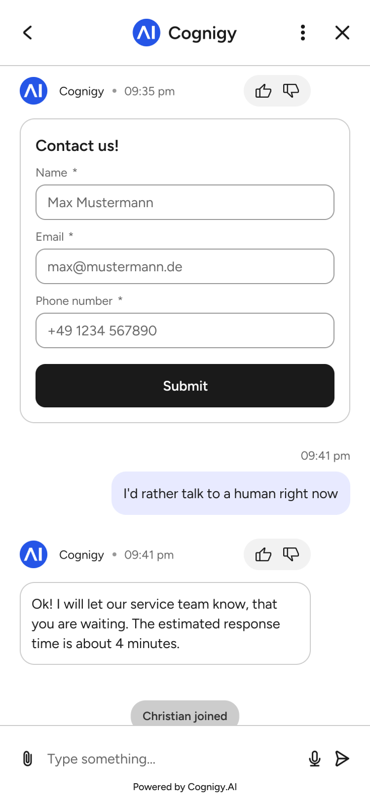 cognigy chat bot screen mobile