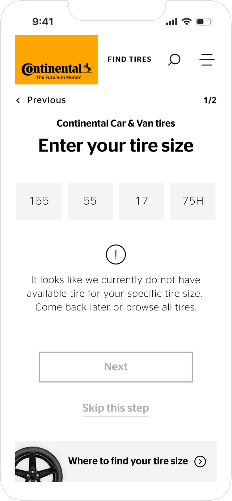 tire finder continental mobile screen example